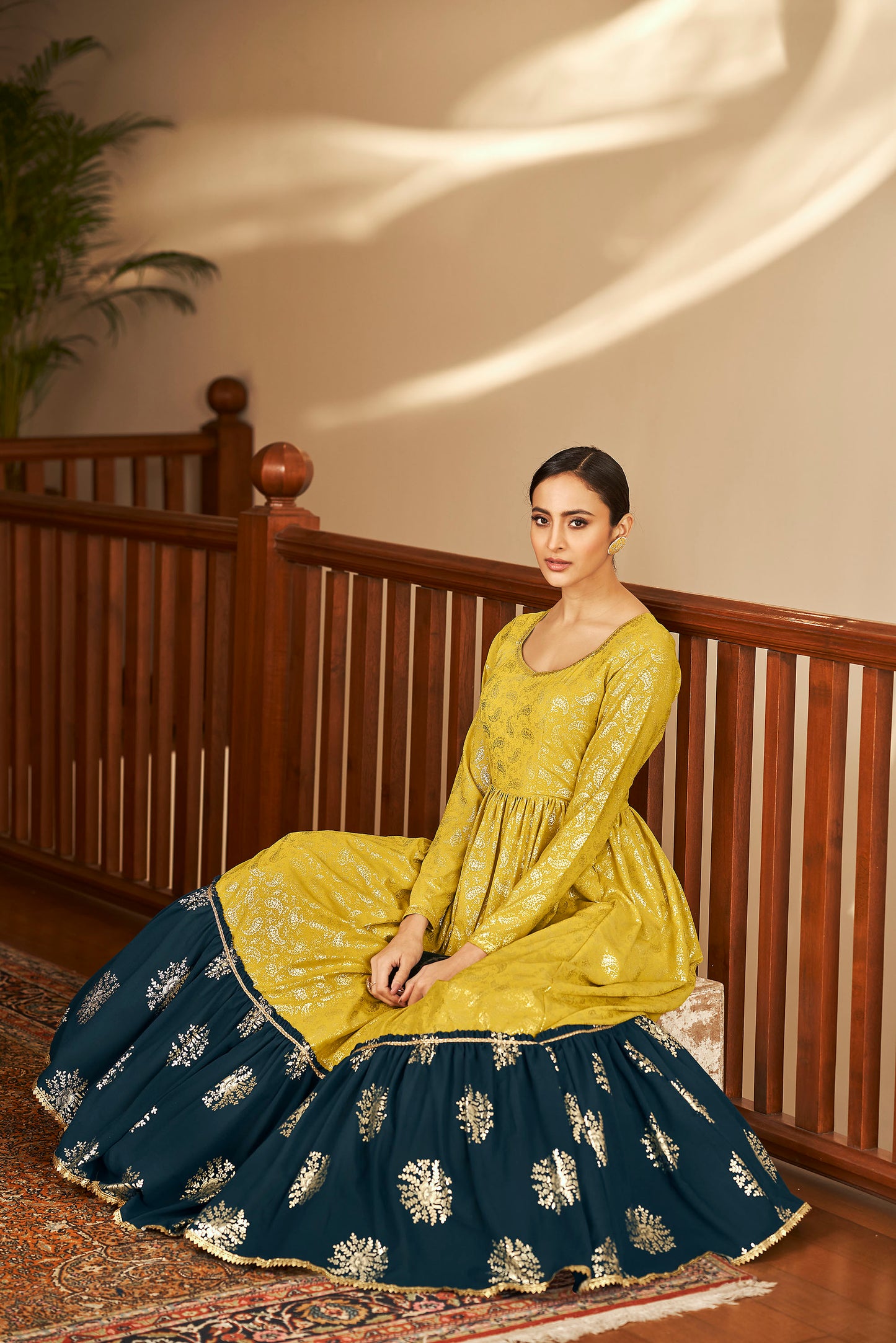 Green Georgette Metalic Foil Work Partywear Gown