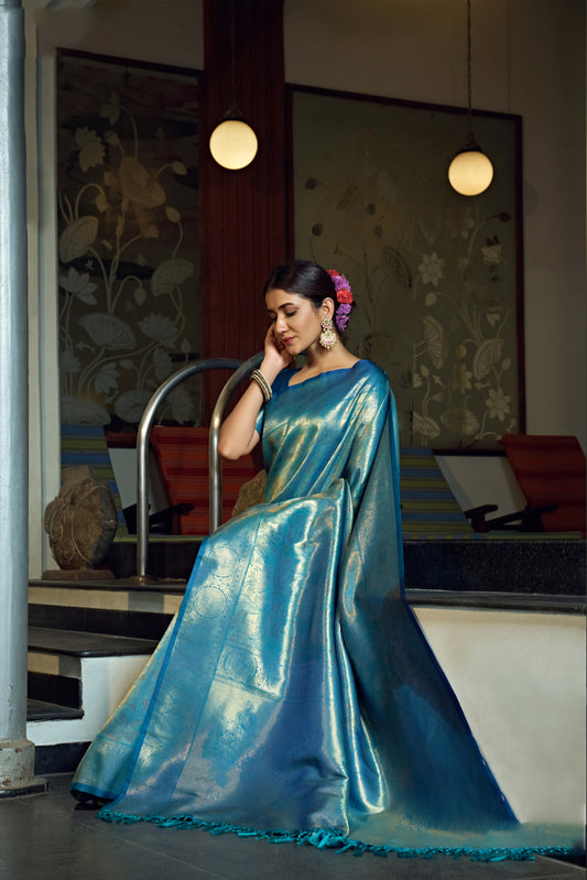 Sky Blue Color Zari Work Kanjeevaram Silk Saree
