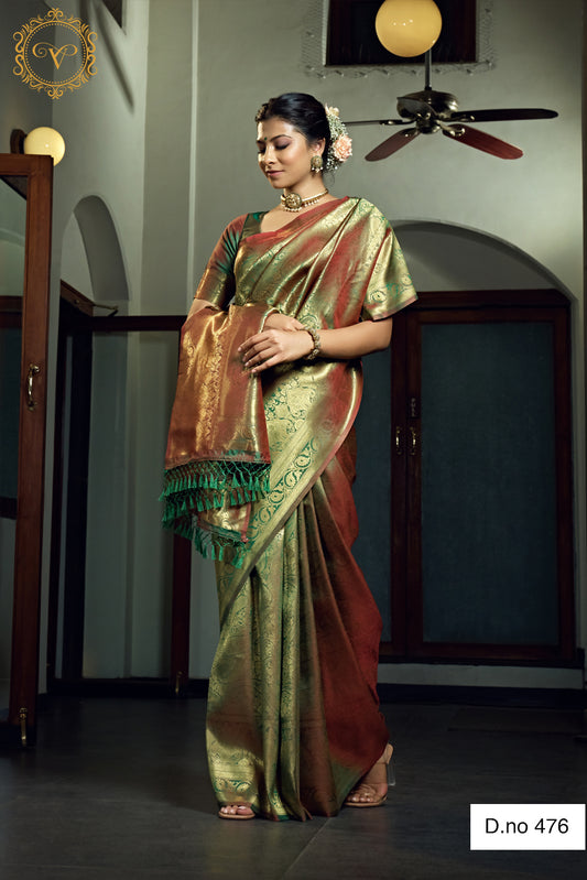 Olive Green Color Zari Work Kanjeevaram Silk Saree