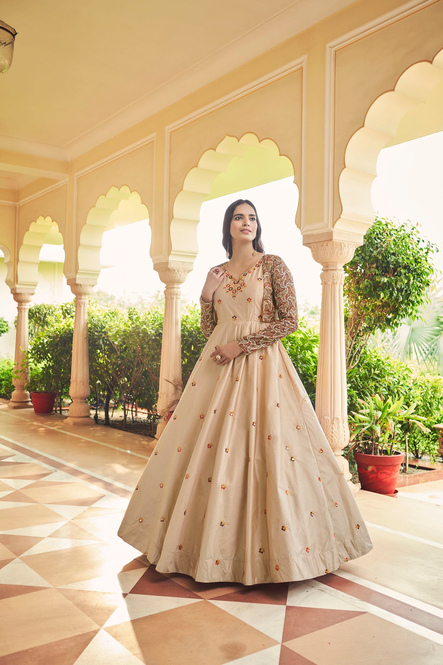 Brown Cotton Sequence Embroidery Gown