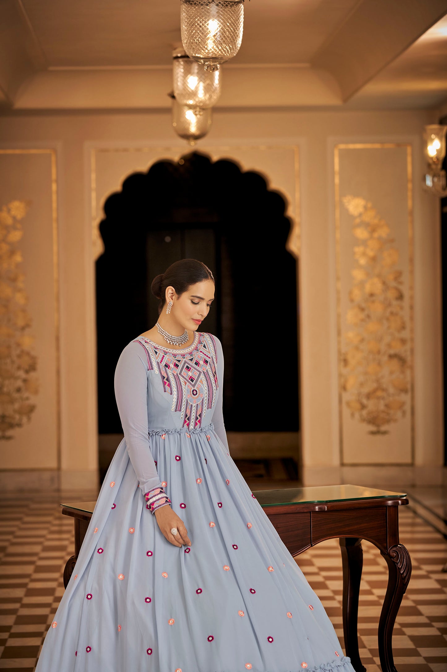Light Blue Georgette Sequence Embroidery Gown