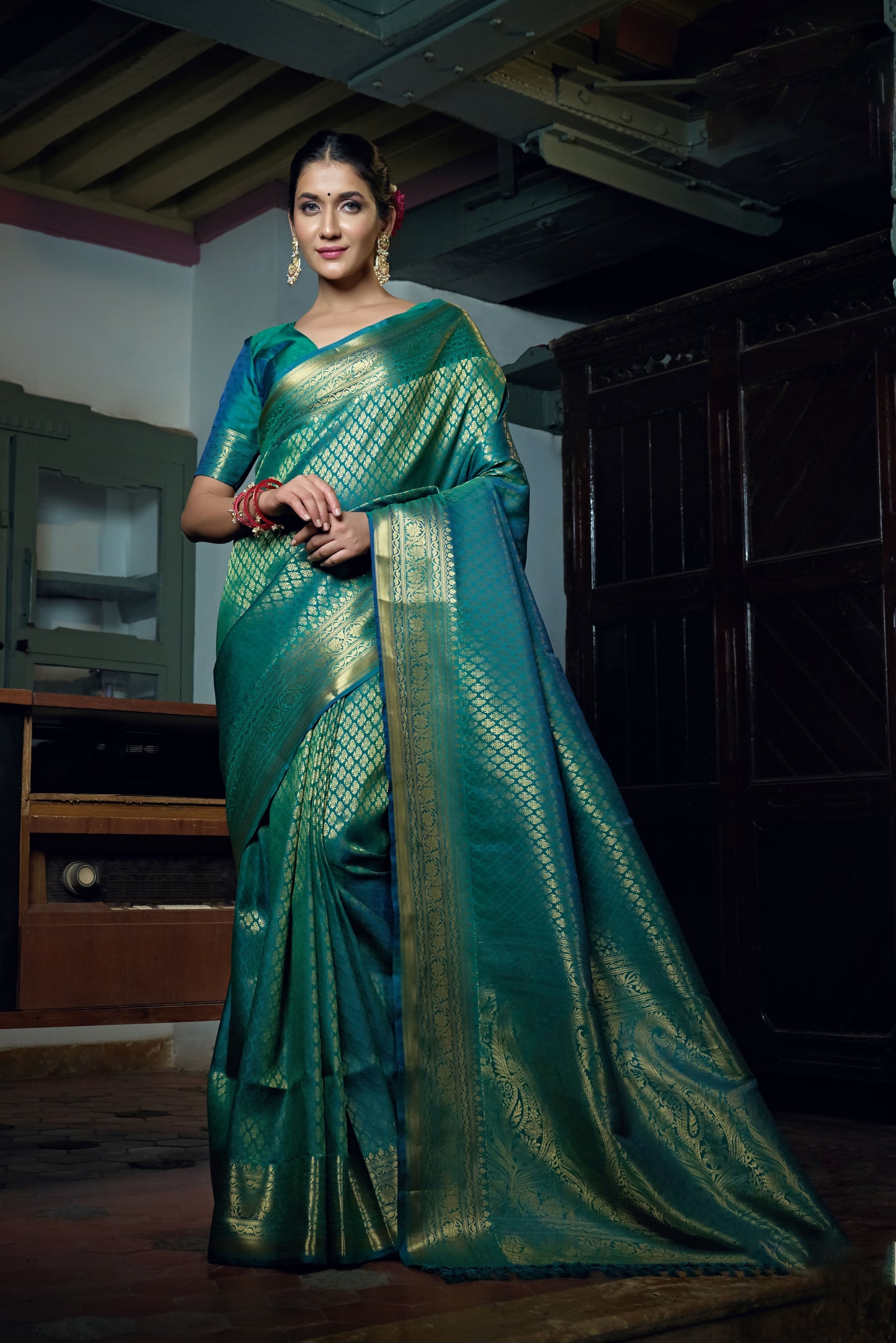 Teal Blue Color Zari Kanjeevaram Silk Saree