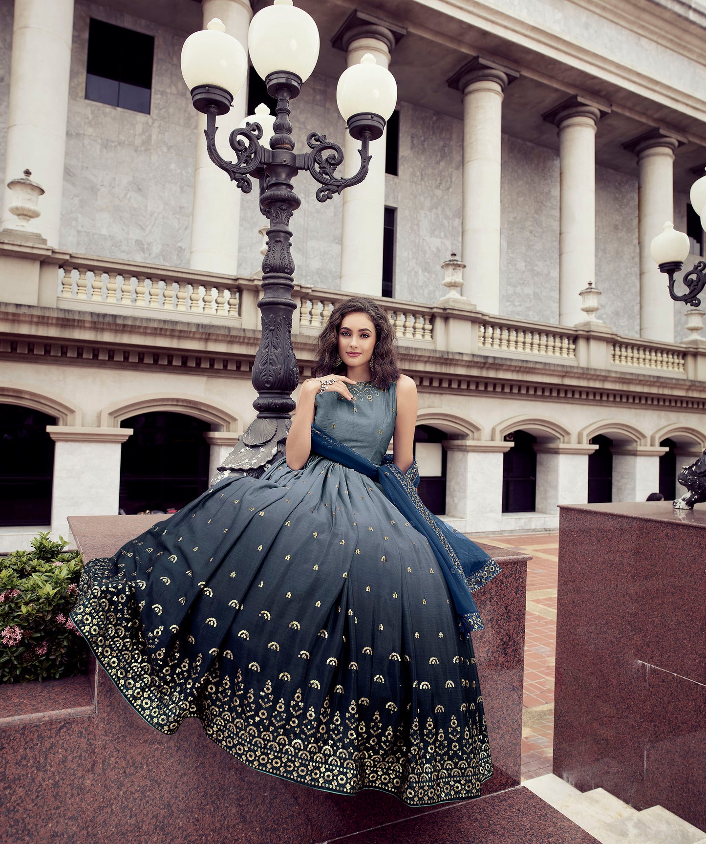 Beautiful Grey & Blue Color Chinnon Anarkali