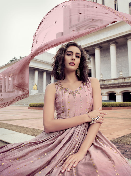 Alluring Dusty Pink & Purple Color Chinnon Anarkali