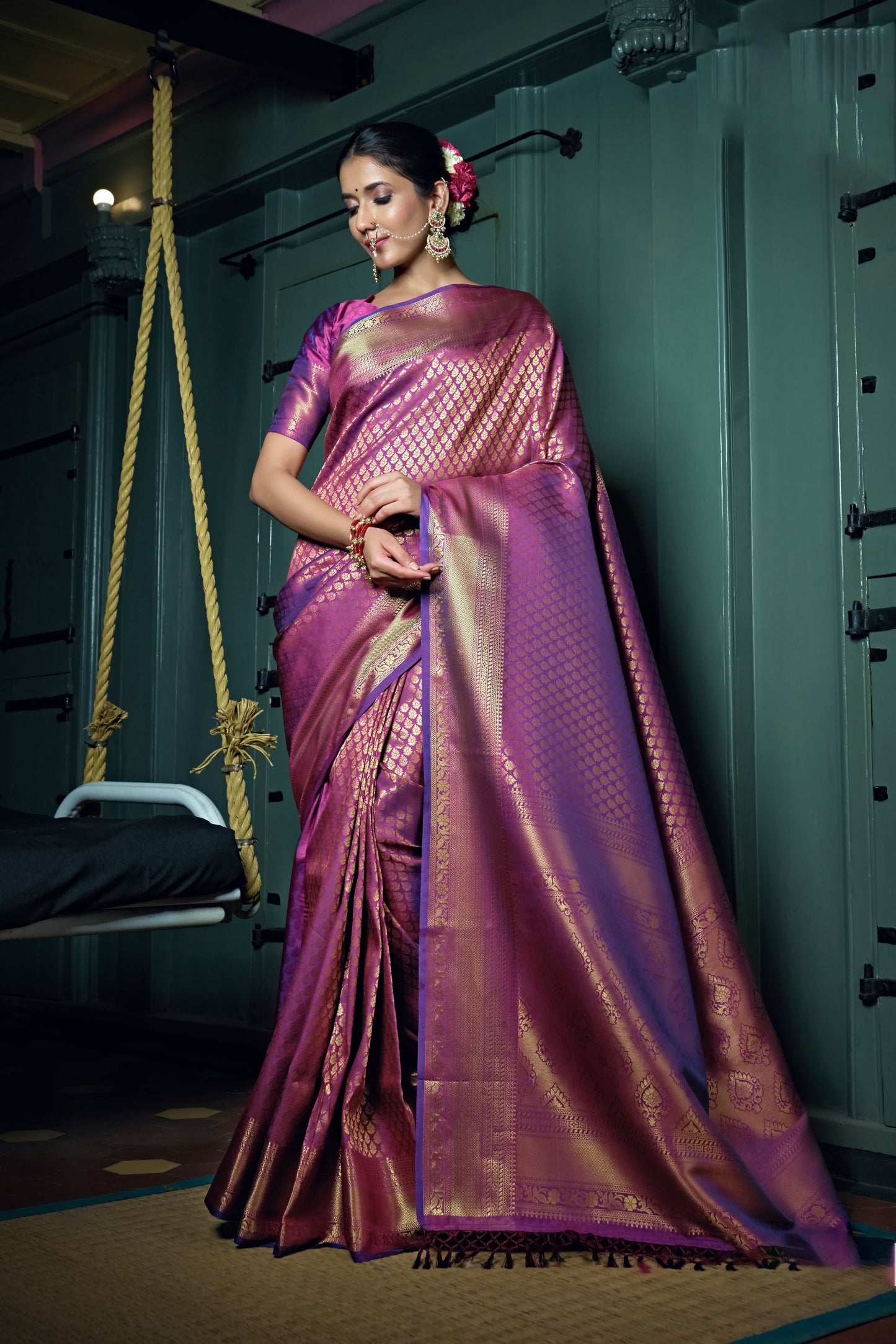 Purple Color Golden Zari Kanjeevaram Silk Saree