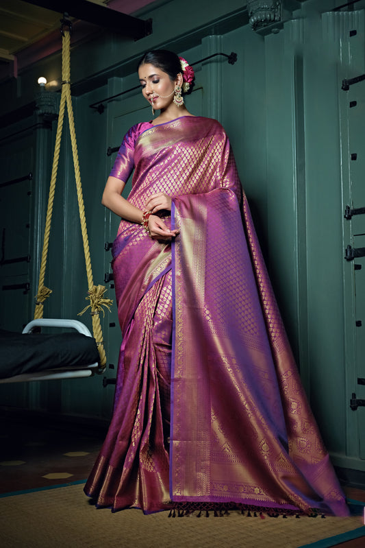 Purple Color Golden Zari Kanjeevaram Silk Saree