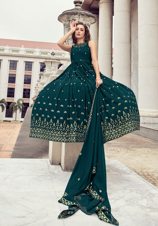 Green Georgette Sequence Embroidery Anarkali for Mehendi
