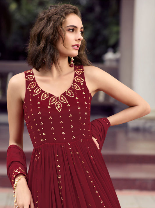 Maroon Color Georgette Sequence Embroidery Anarkali for Bridesmaid