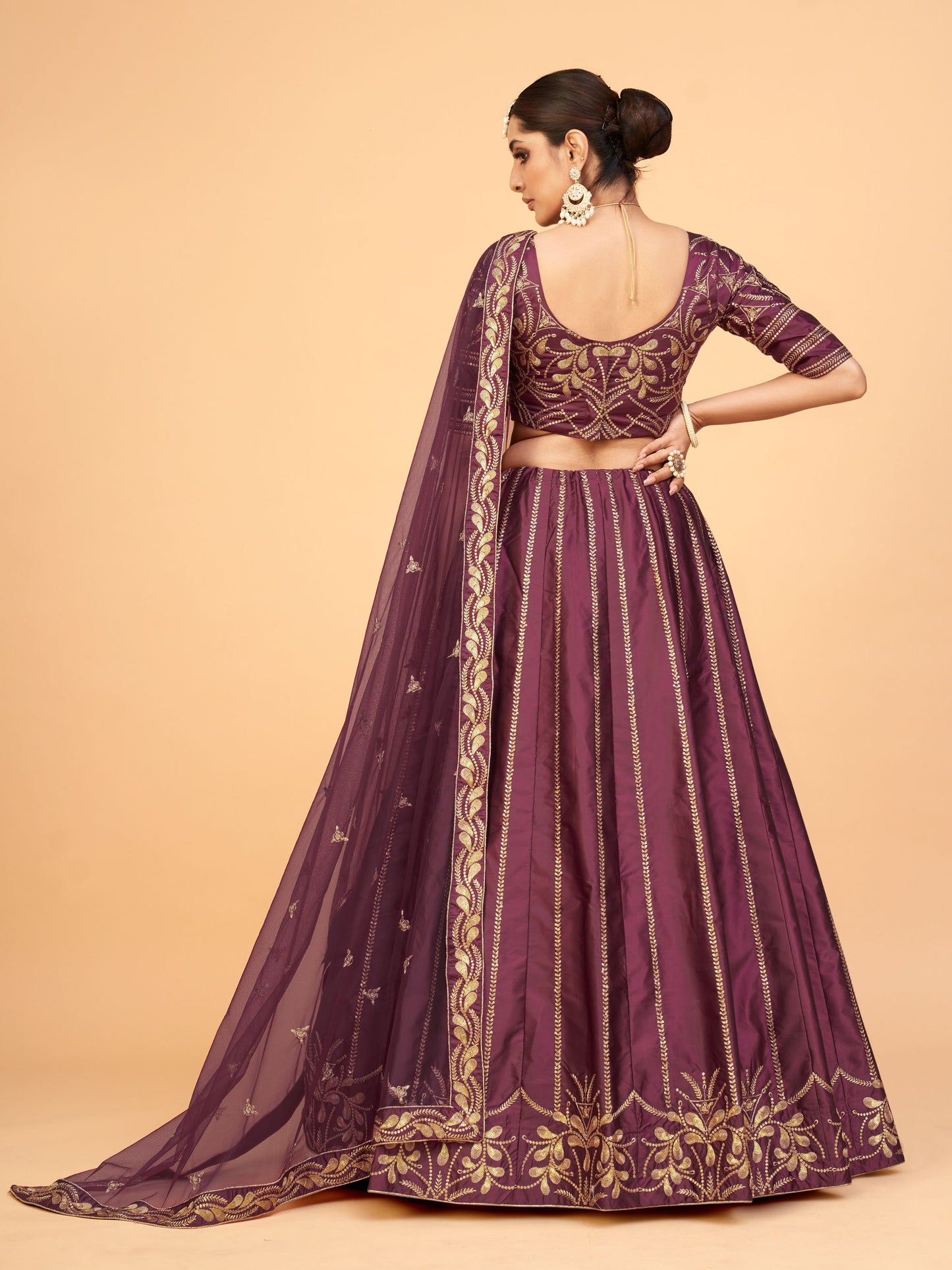Wine Color Silk Sequins Embroidery Lehenga for Wedding Guest 1001