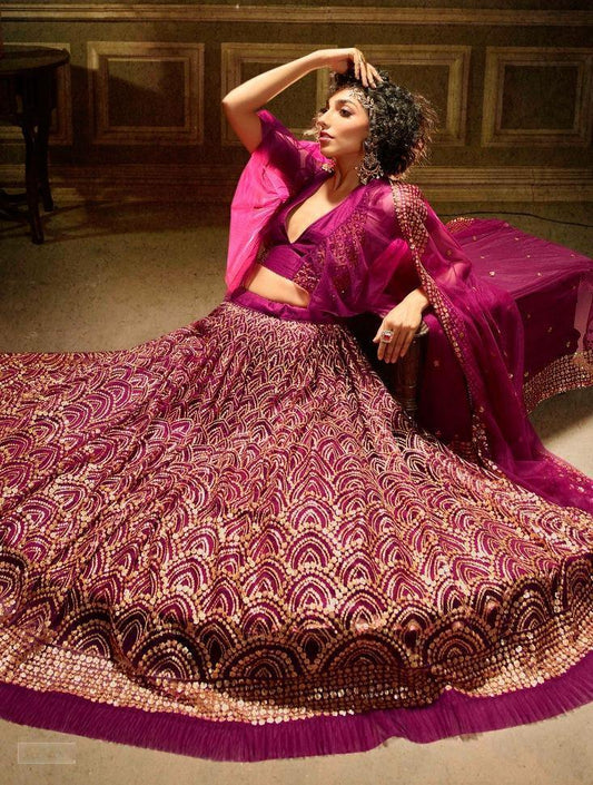 Wine Soft Net Party Wear Lehenga Set