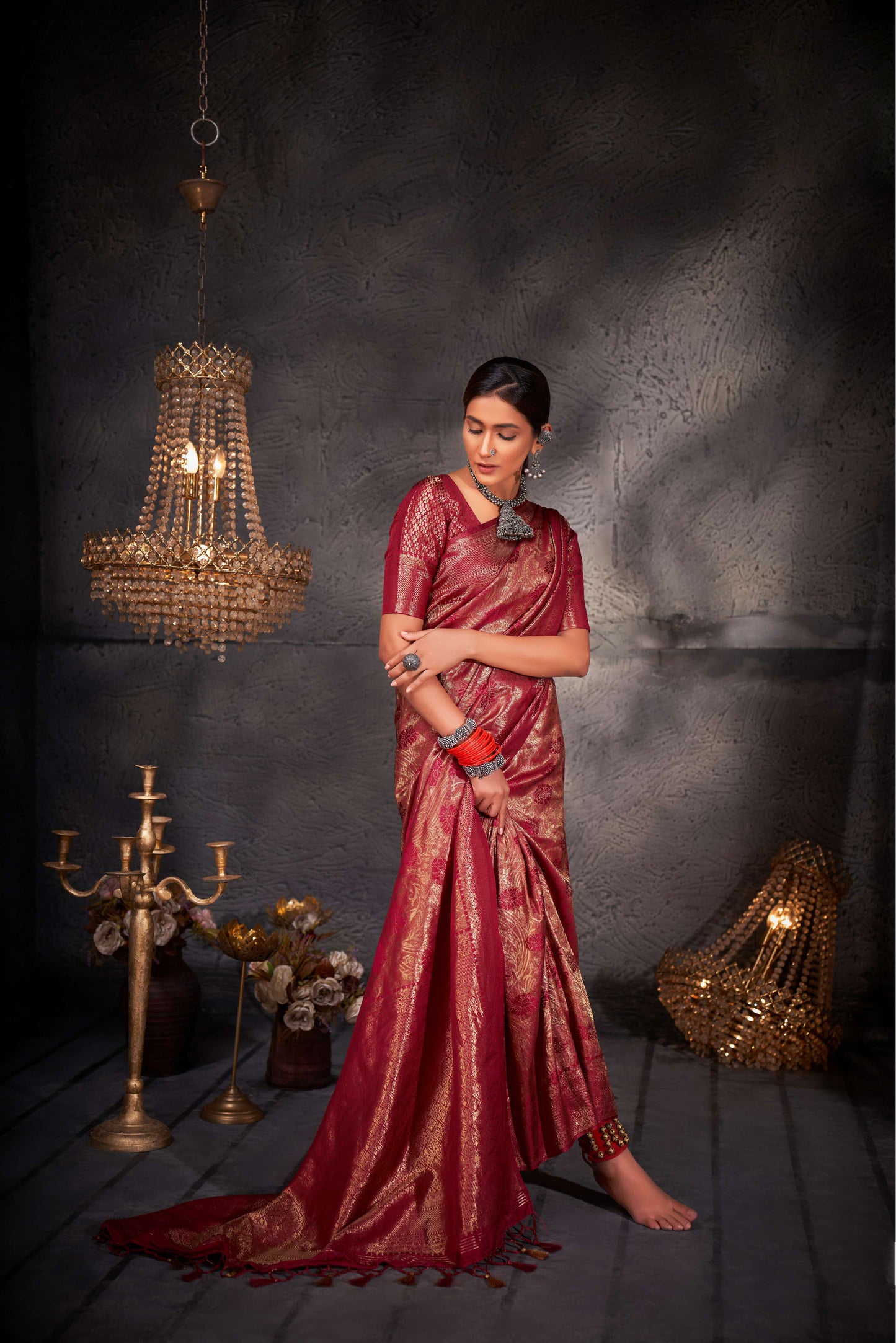 Neon Red Color Gold Zari Kanjeevaram Silk Saree