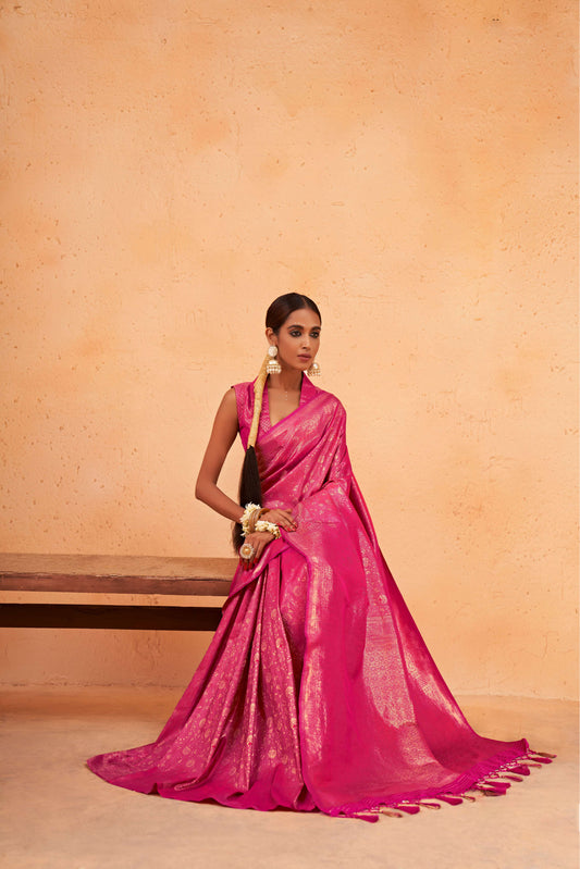 Strawberry Pink Gold Zari Kanjeevaram Silk Saree