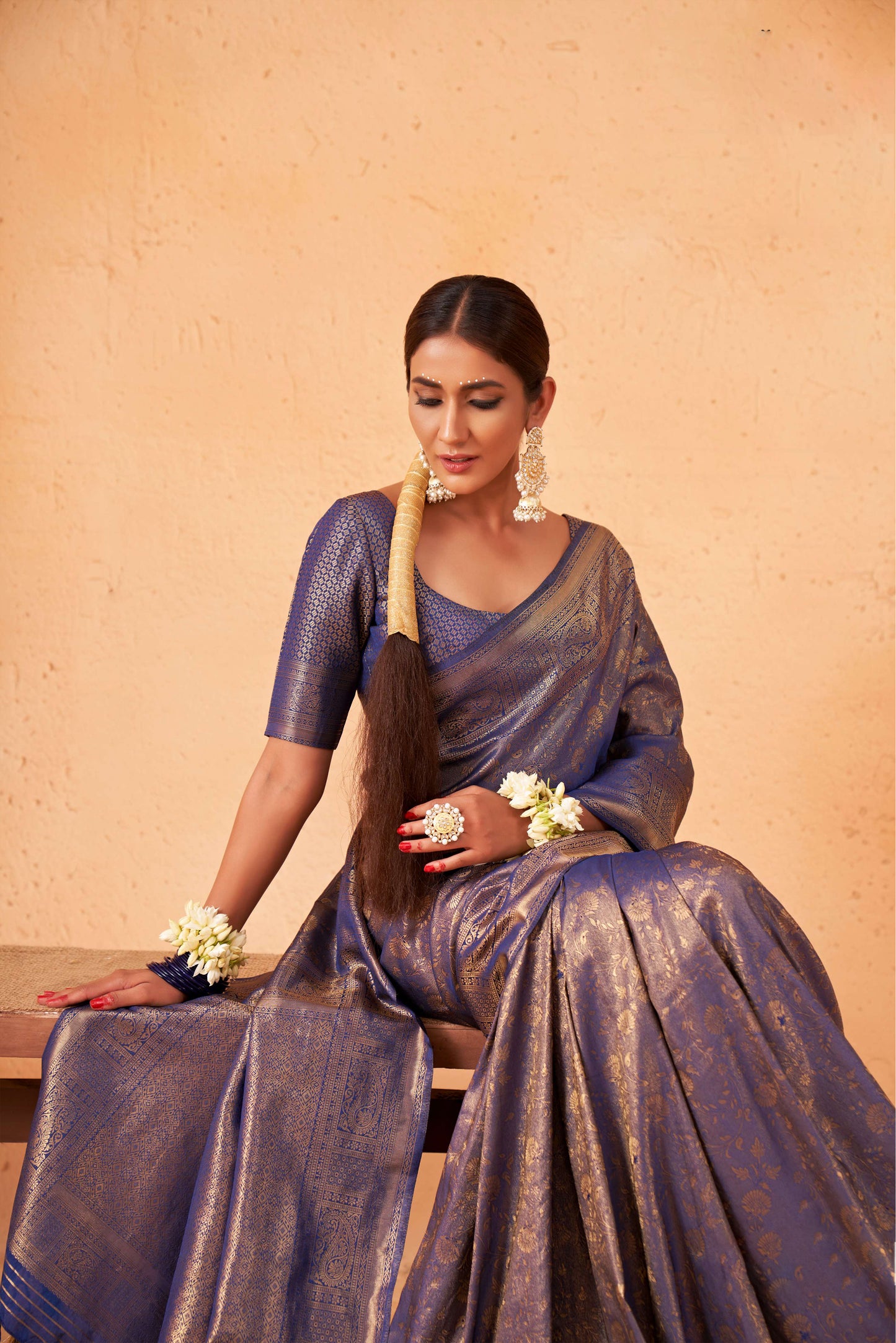Blue Color Golden Zari Kanjeevaram Silk Saree