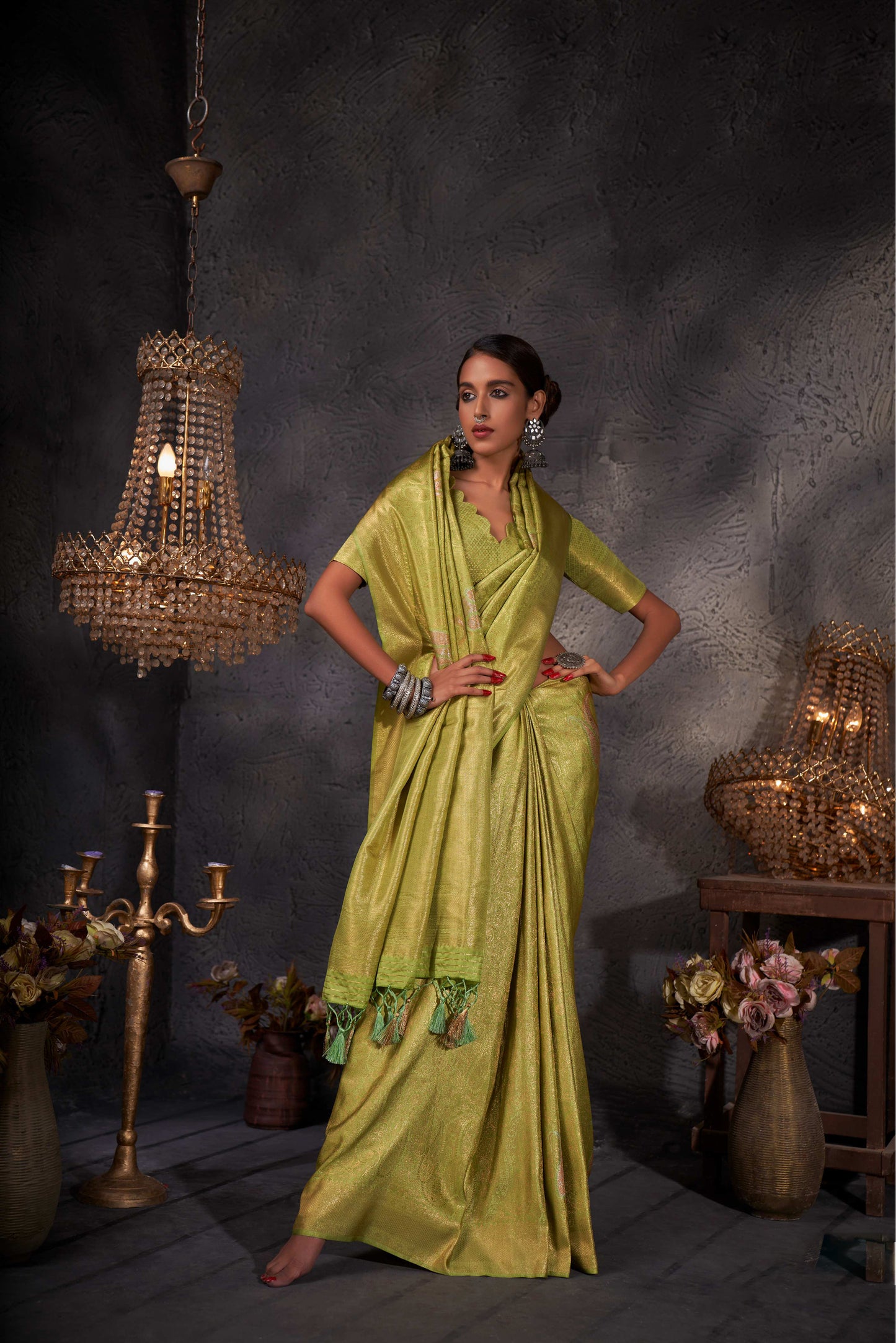 Yellowish Green Color Silver Design Zari Kanjeevaram Silk Saree