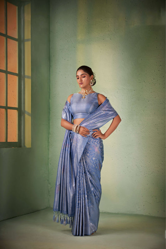 Blue Color Silver Design Zari Kanjeevaram Silk Saree