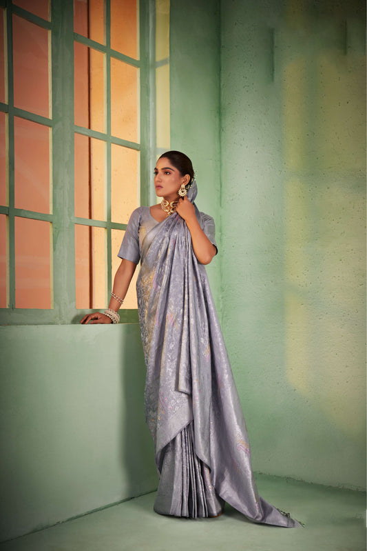Grey Color Silver Design Zari Kanjeevaram Silk Saree