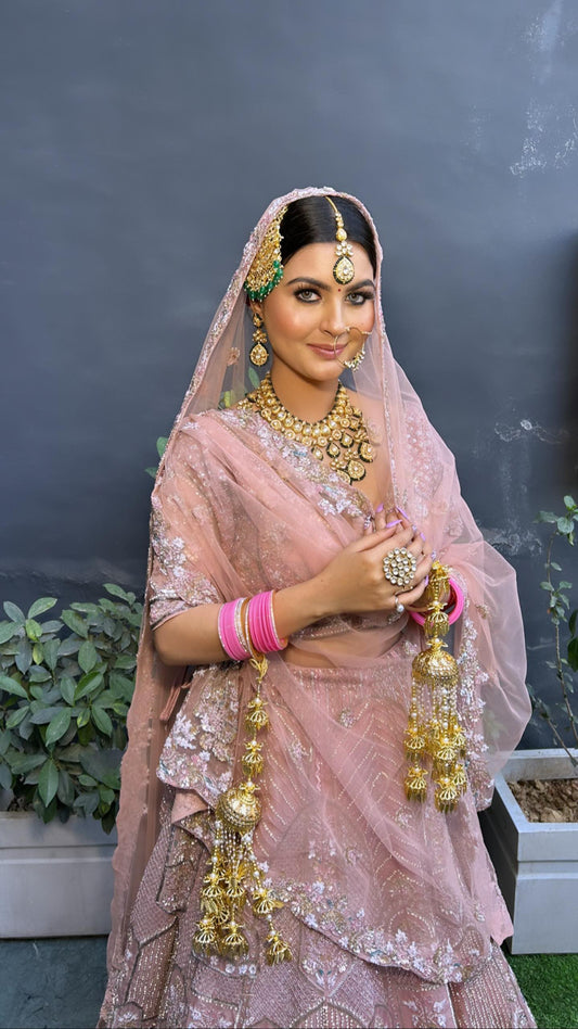 Peach Organza Hand Embroidered Zardosi Bridal Lehenga