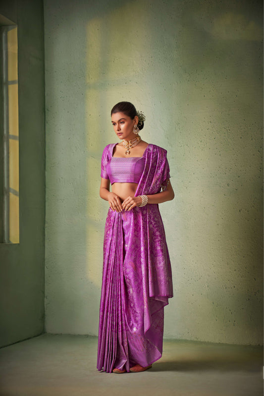 Purple Color Silver Design Zari Kanjeevaram Silk Saree