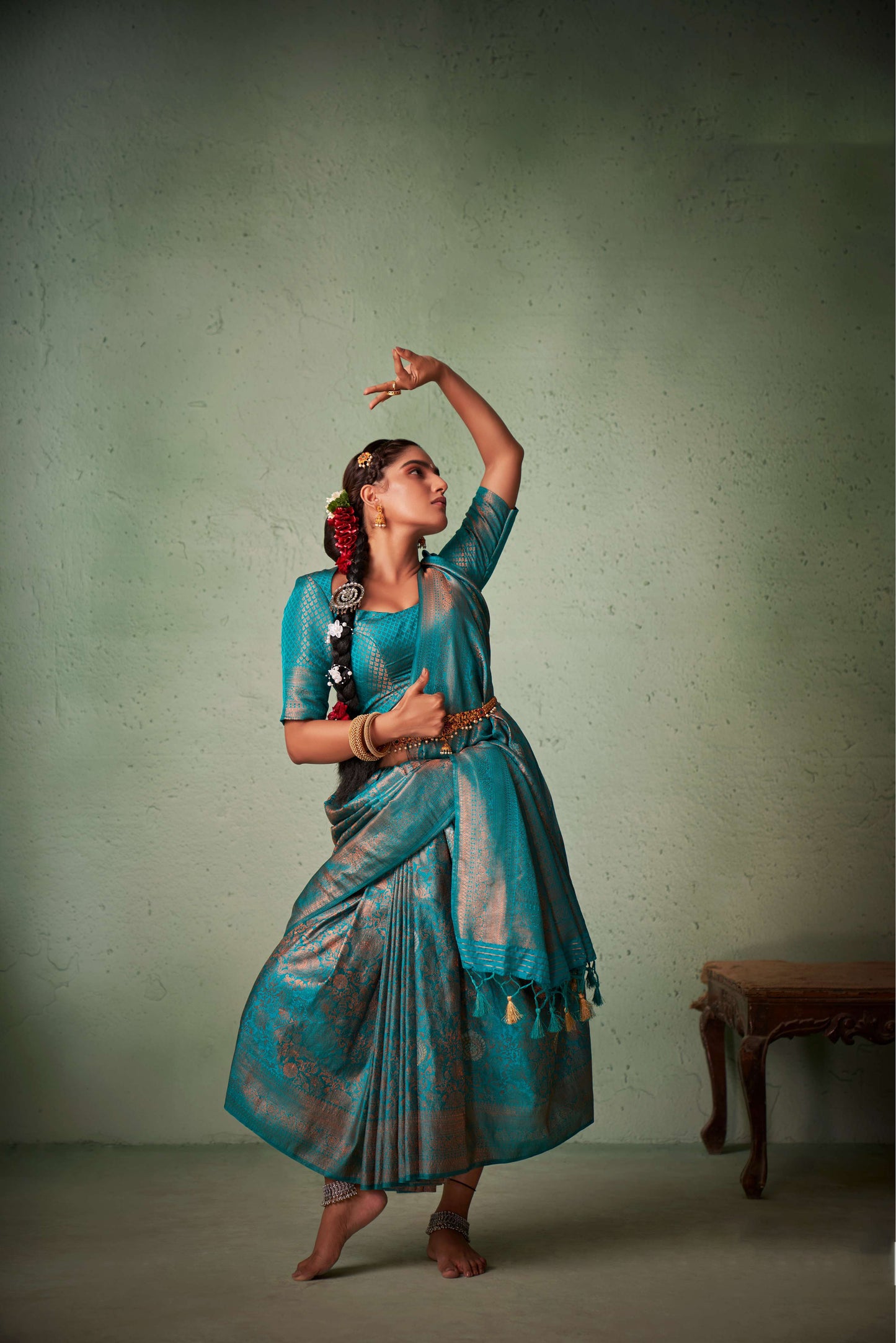 Turquoise Blue Zari Kanjeevaram Silk Saree