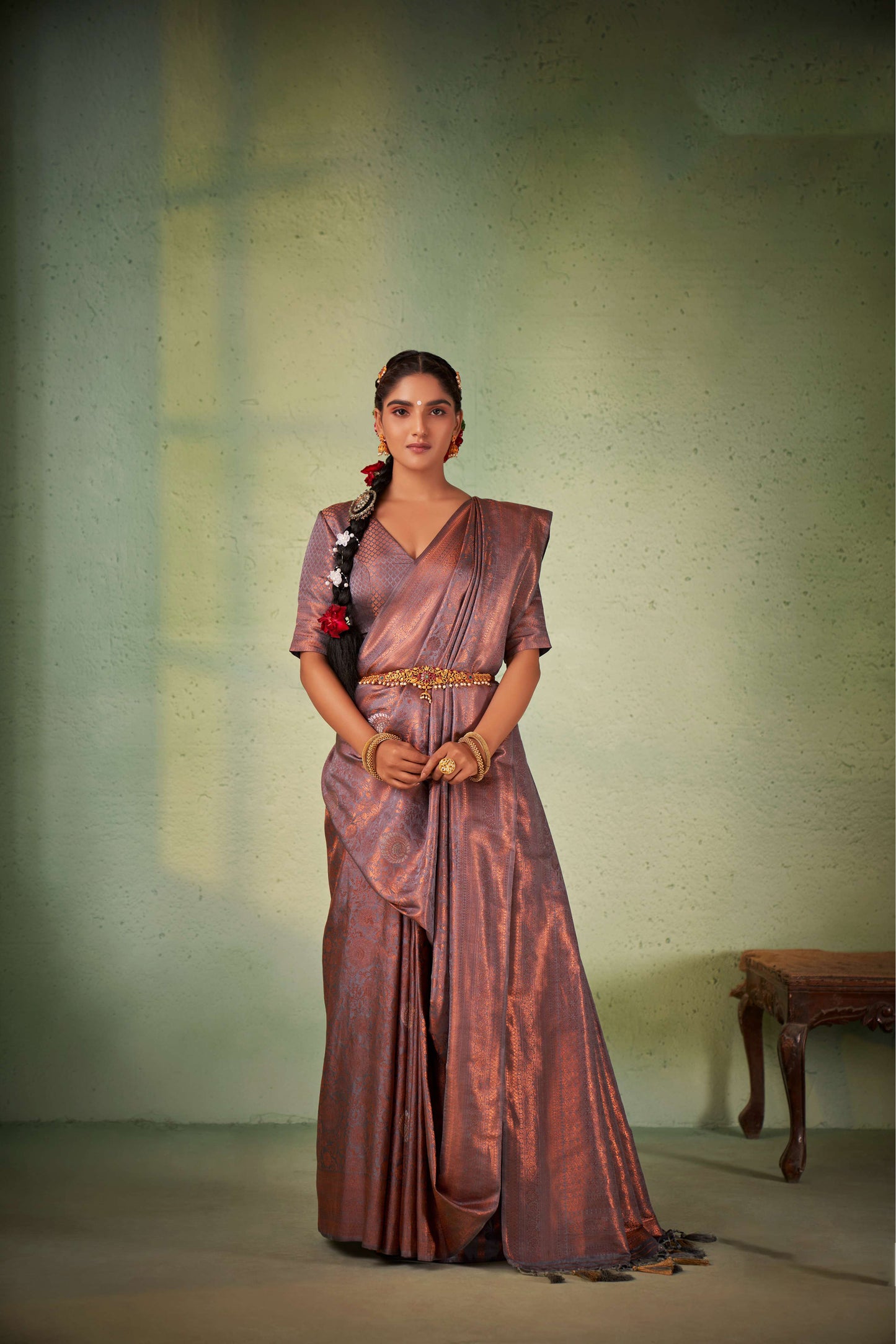 Grey Color Copper Zari Kanjeevaram Silk Saree