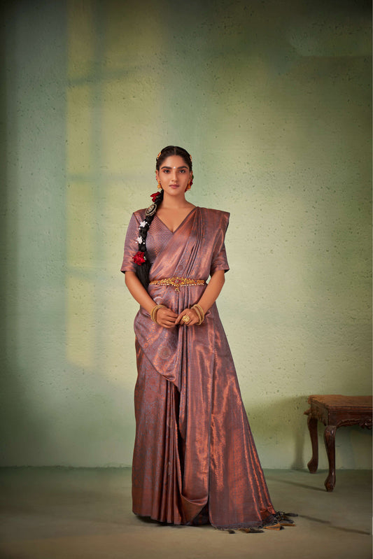 Grey Color Copper Zari Kanjeevaram Silk Saree
