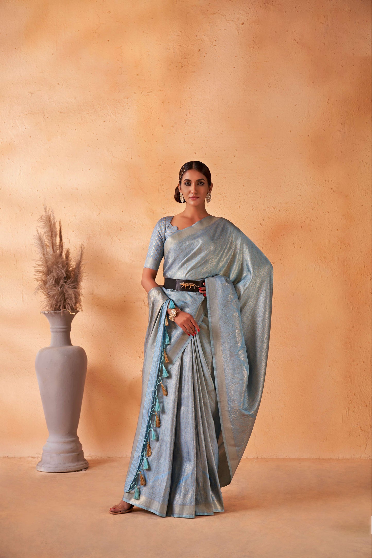 Light Blue Color Gold Zari Kanjeevaram Silk Saree