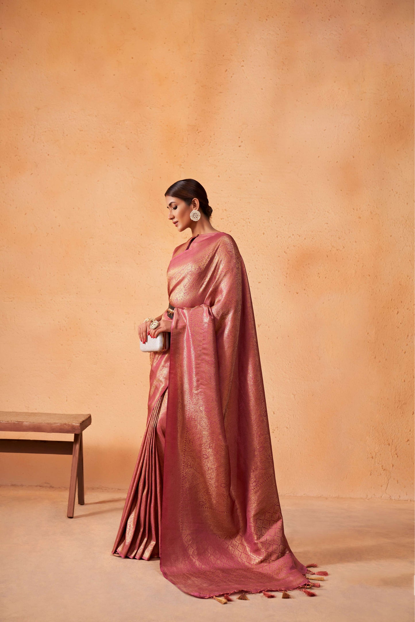 Dark Pink Gold Zari Kanjeevaram Silk Saree