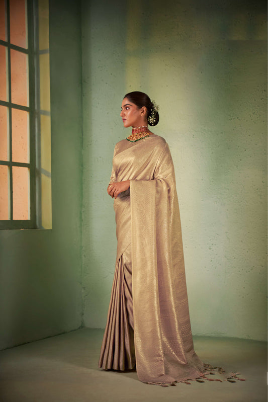 Beige Color Gold Zari Kanjeevaram Silk Saree