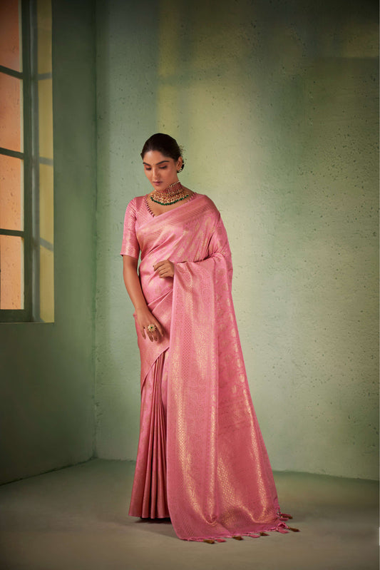 Pink Gold Zari Kanjeevaram Silk Saree