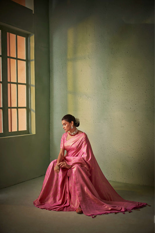 Neon Pink Zari Kanjeevaram Silk Saree