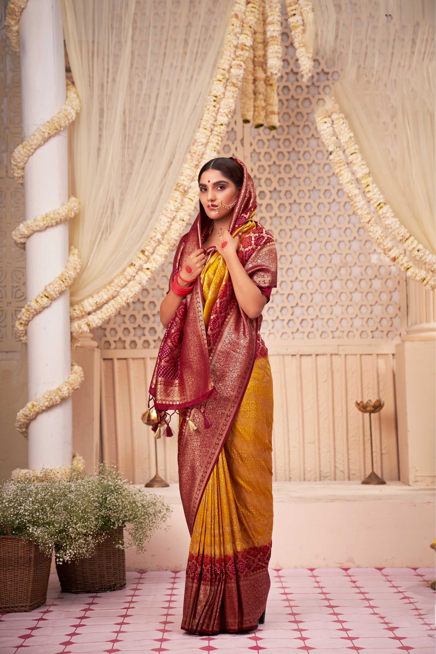 Yellow & Maroon Gold Zari with Bandhej Bandhani Raw Silk Saree