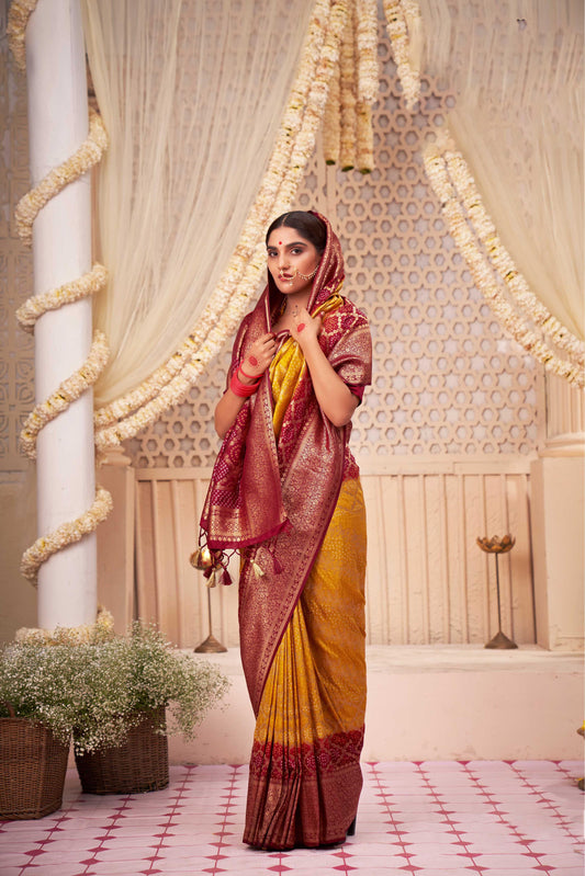 Yellow & Maroon Gold Zari with Bandhej Bandhani Raw Silk Saree