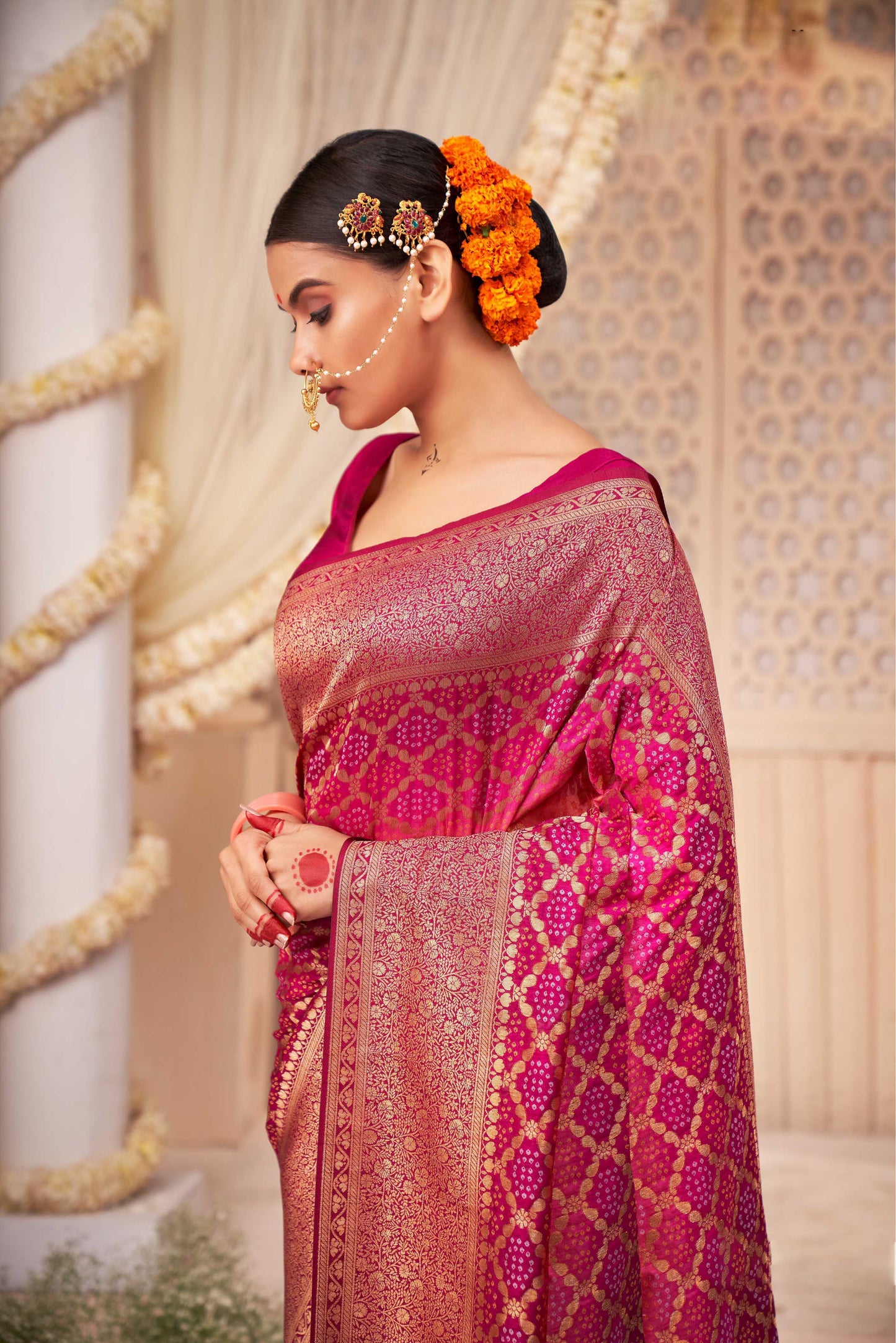 Pink Gold Zari with Bandhej Bandhani Raw Silk Saree
