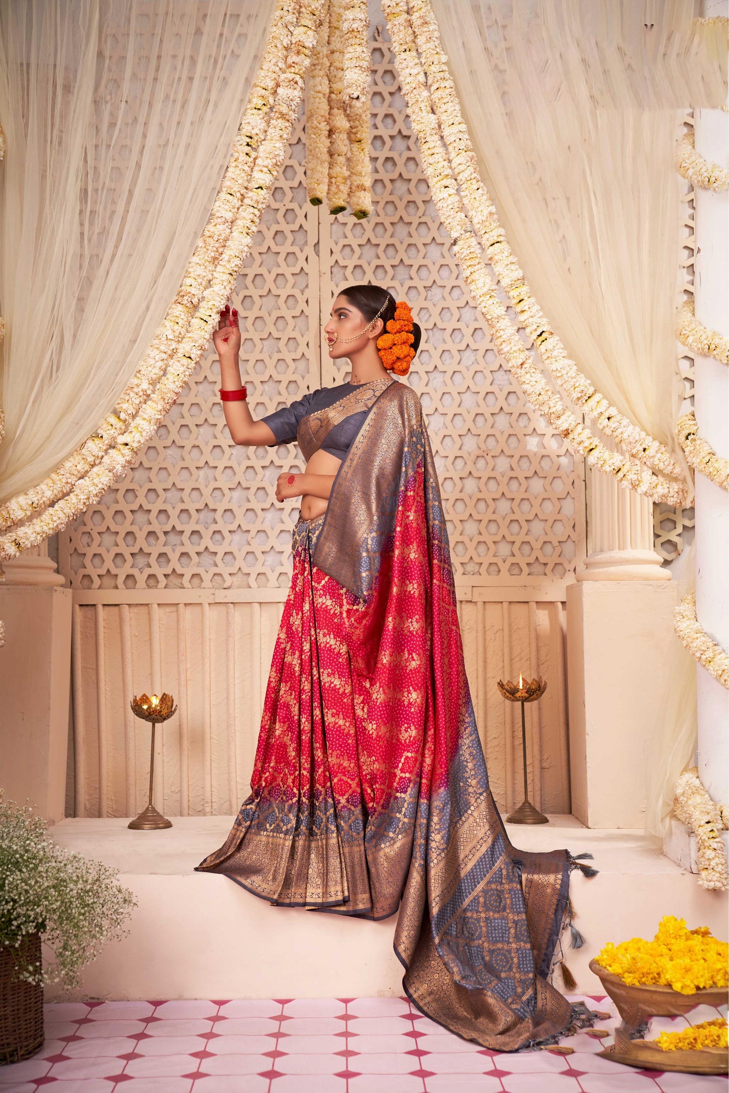 Grey & Red Gold Zari with Bandhej Bandhani Raw Silk Saree