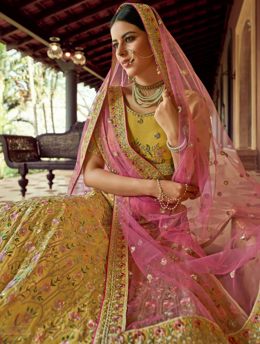 Mustard Organza Bridal Wear Lehenga Set