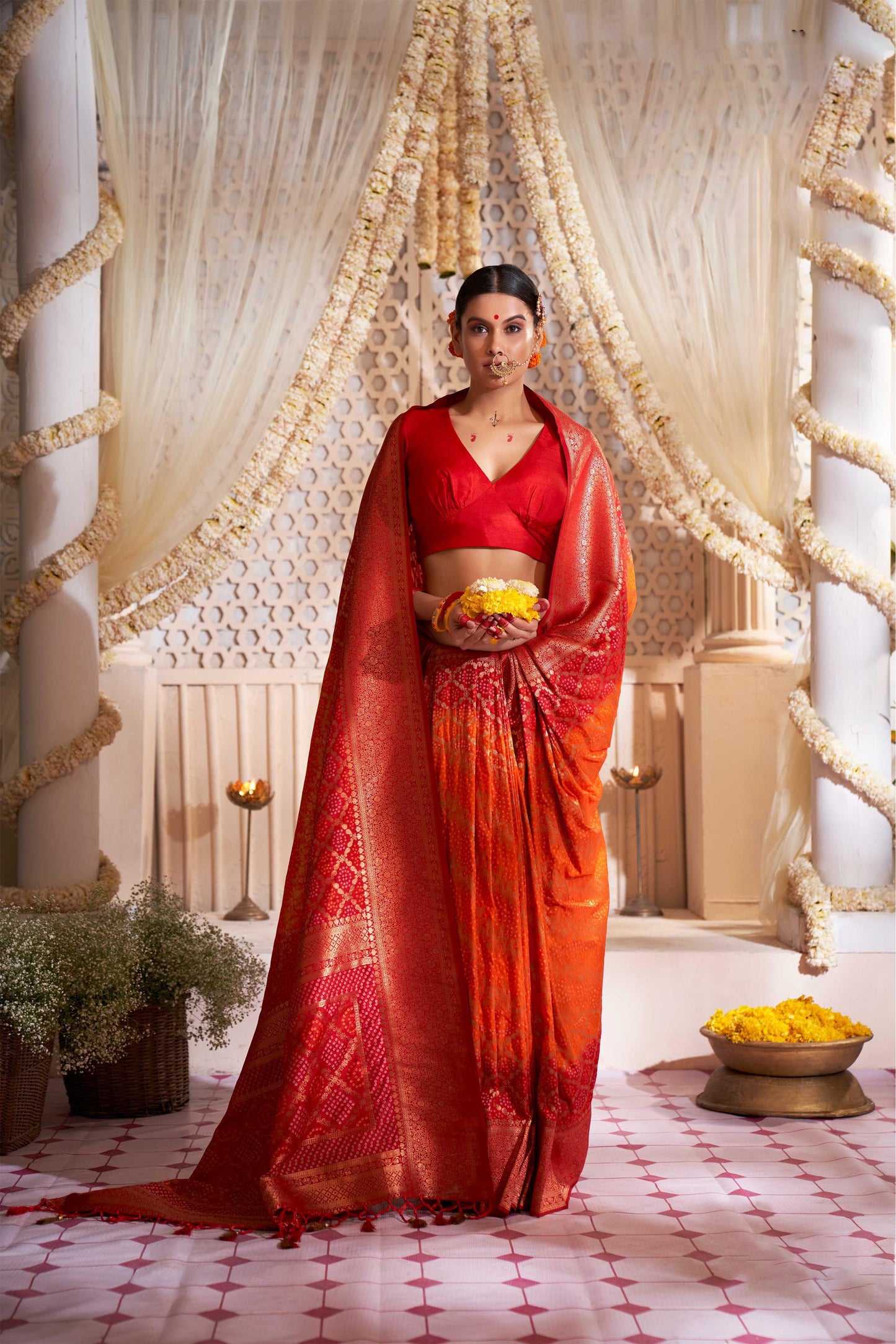 Red & Dark Orange Gold Zari with Bandhej Bandhani Raw Silk Saree