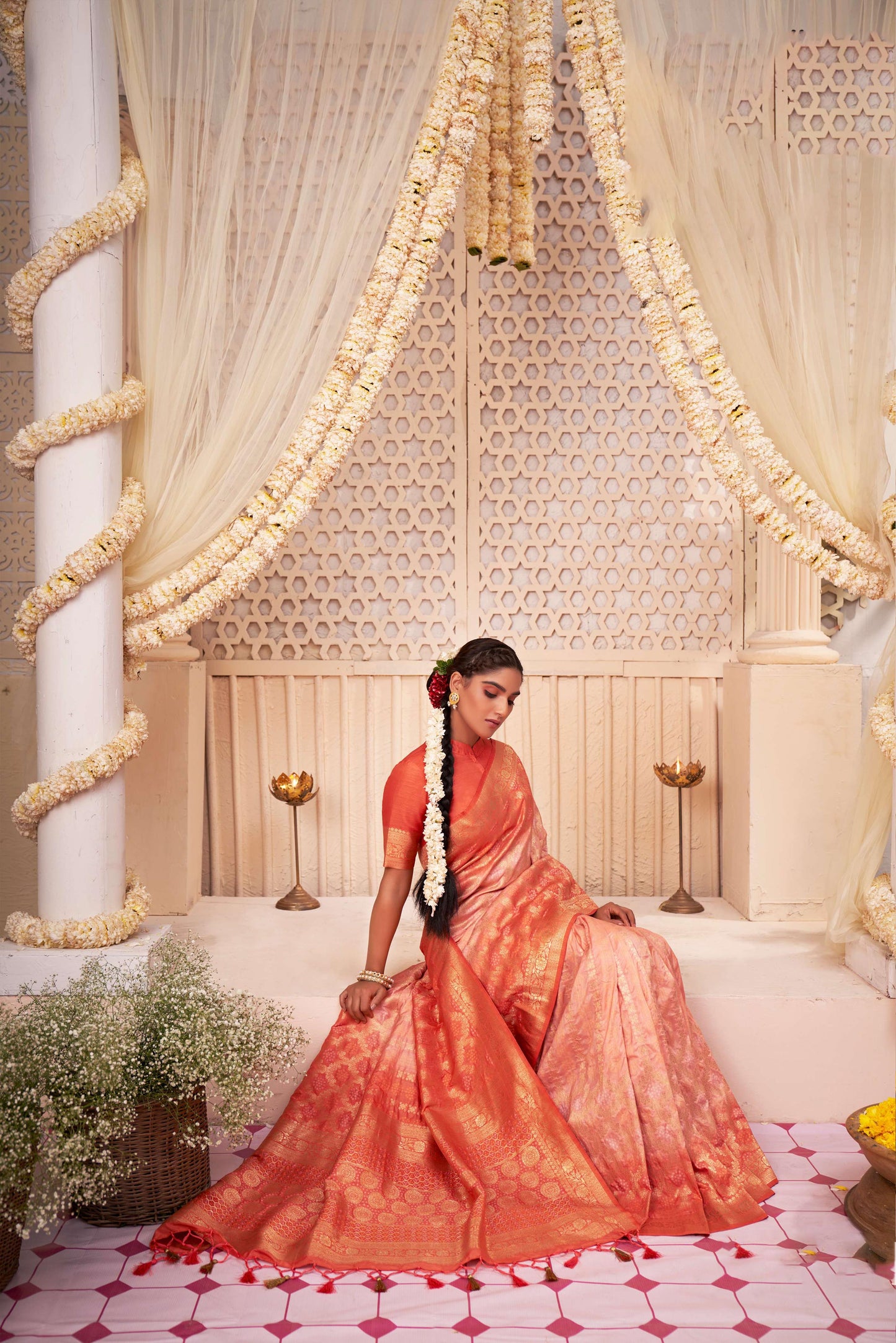 Coral Orange Gold Zari with Bandhej Bandhani Raw Silk Saree