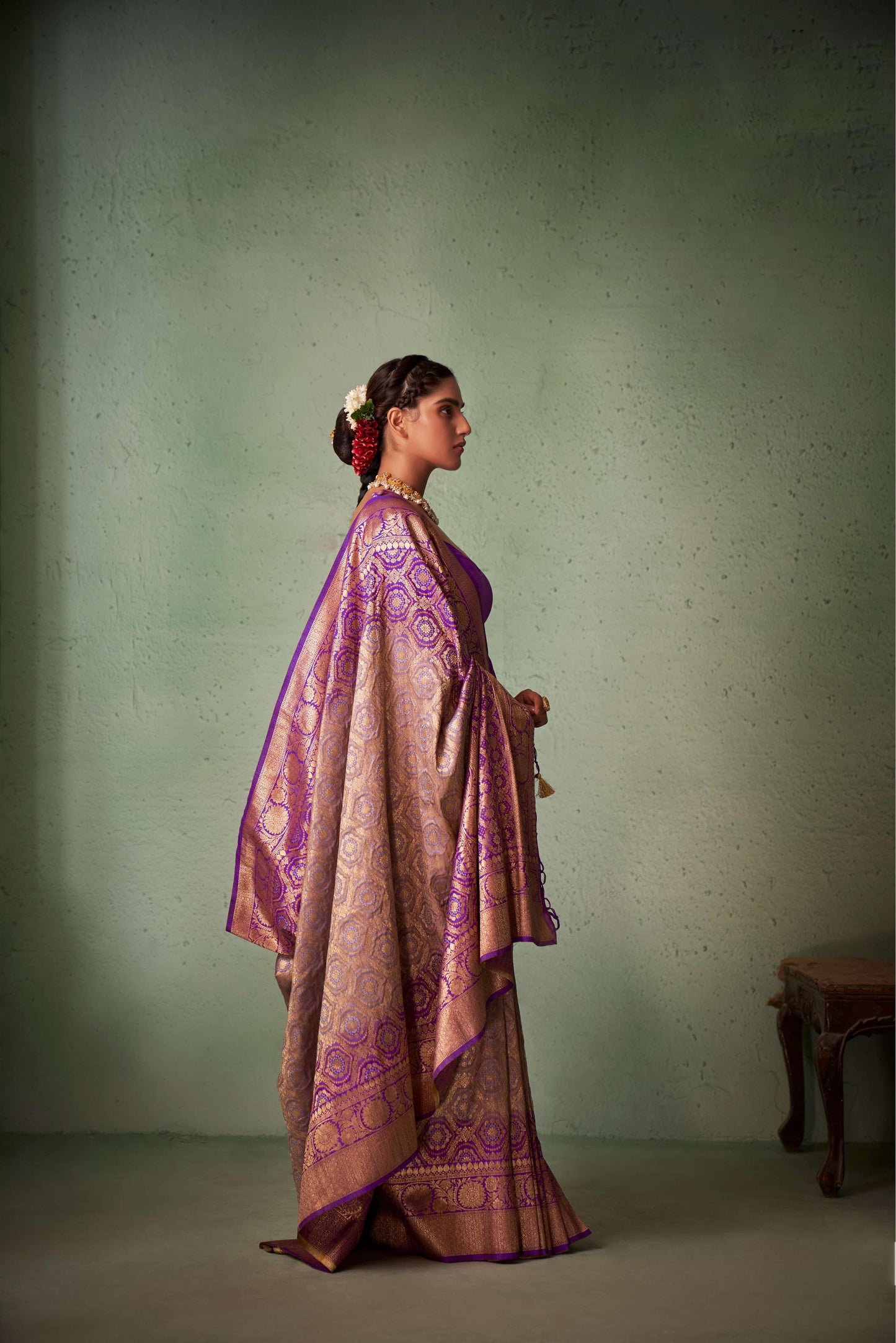 Purple Gold Zari with Bandhej Bandhani Raw Silk Saree