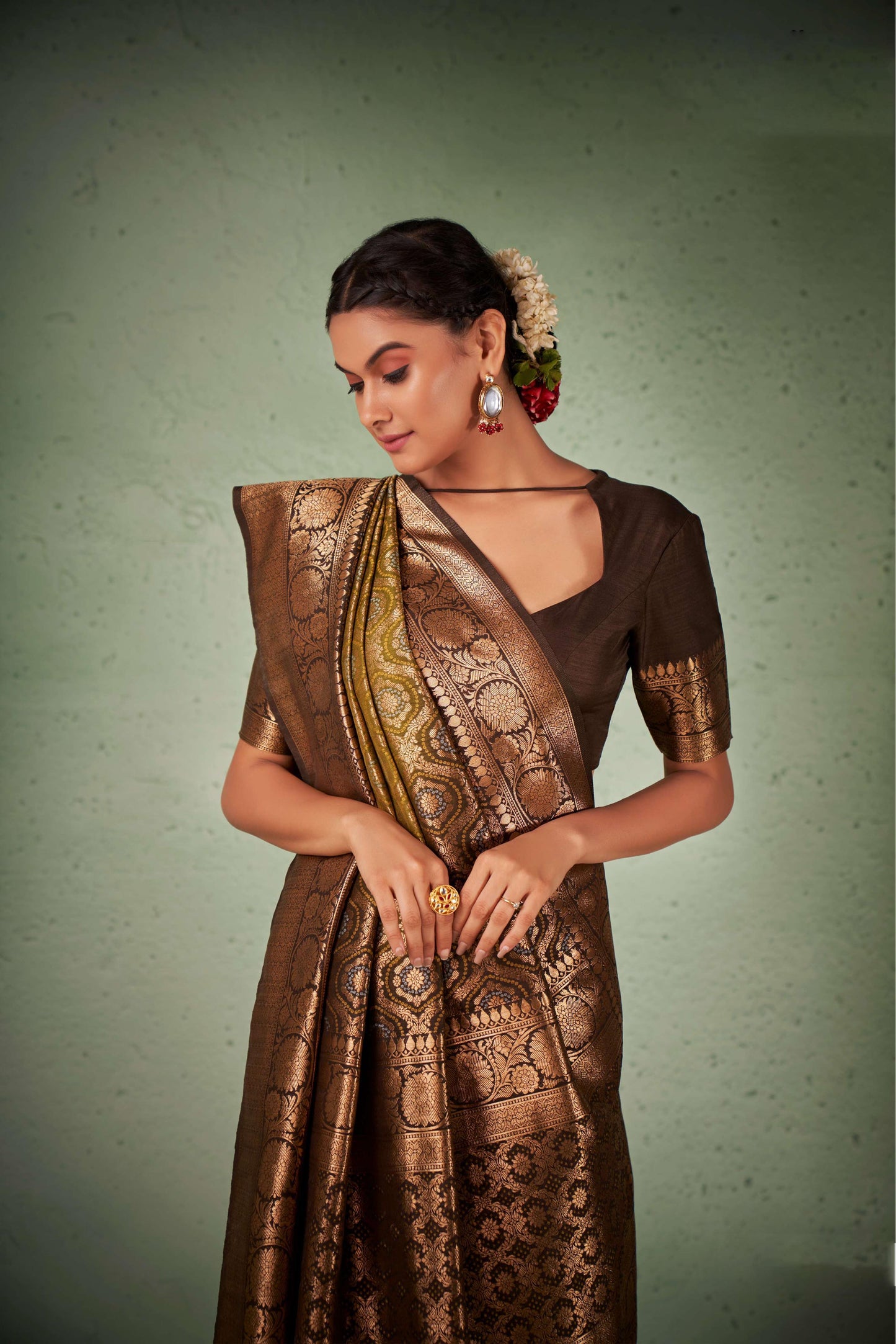 Olive Green Gold Zari with Bandhej Bandhani Raw Silk Saree