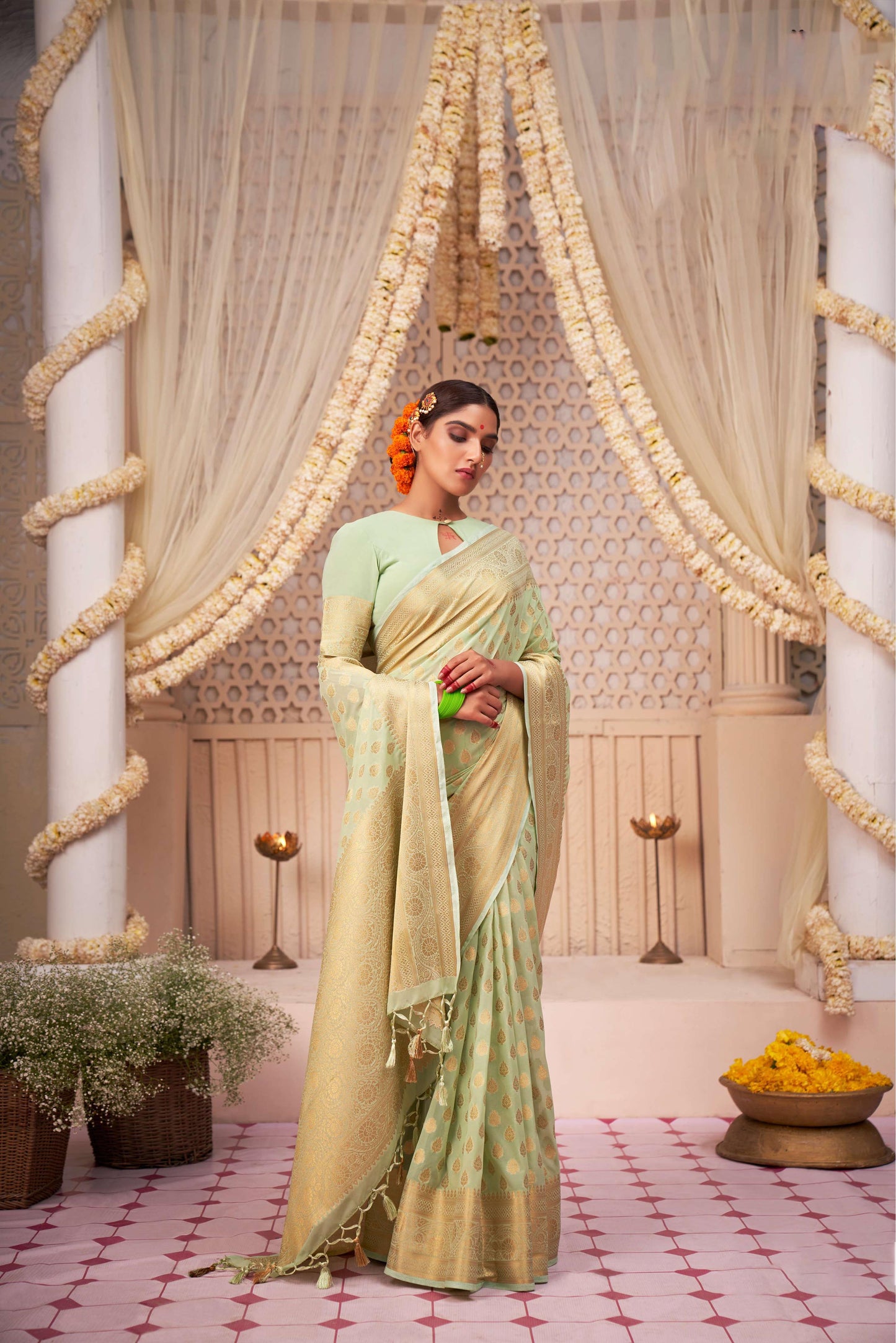 Green Color Gold Zari Georgette Viscose Saree