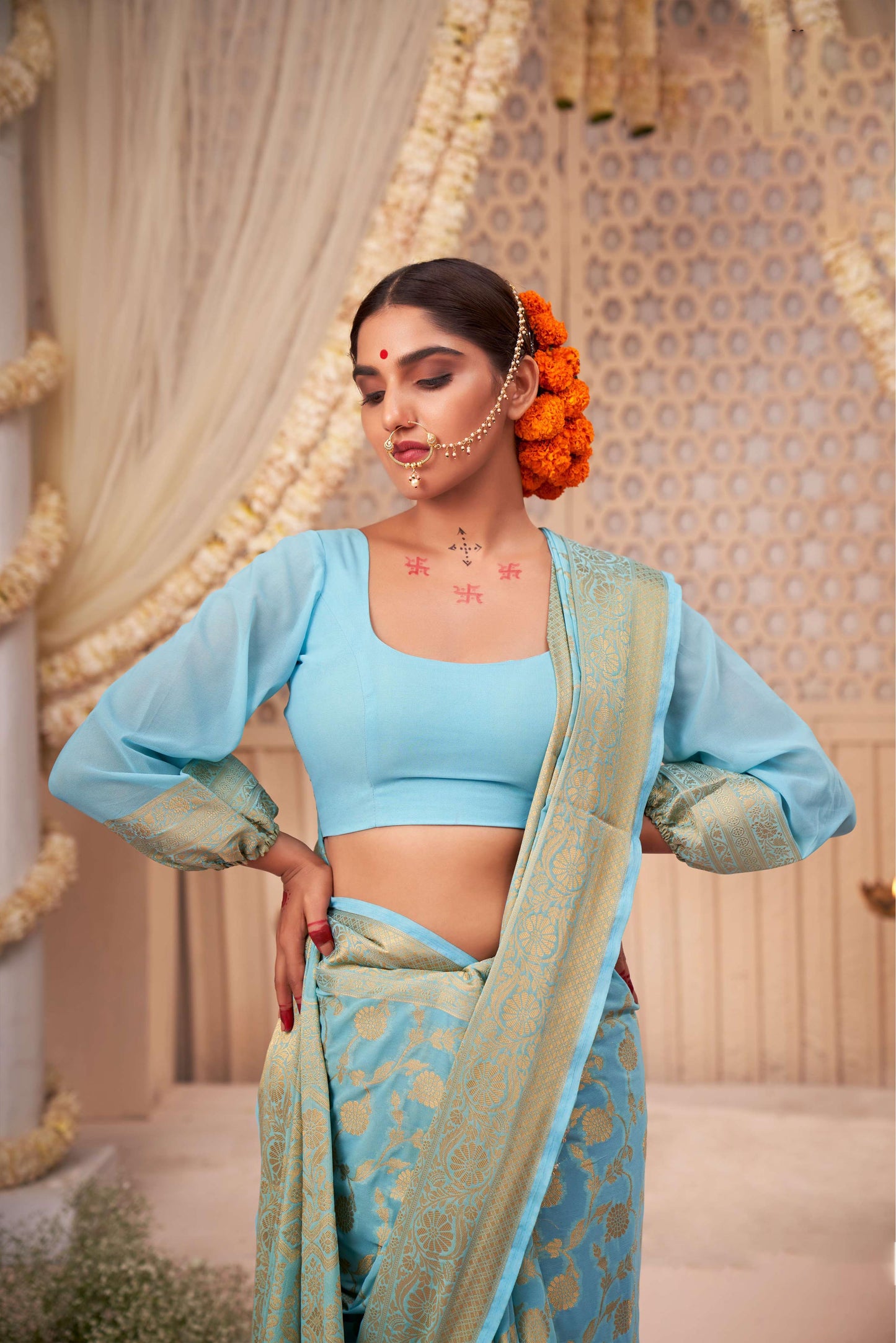 Light Blue Color Gold Zari Georgette Viscose Saree