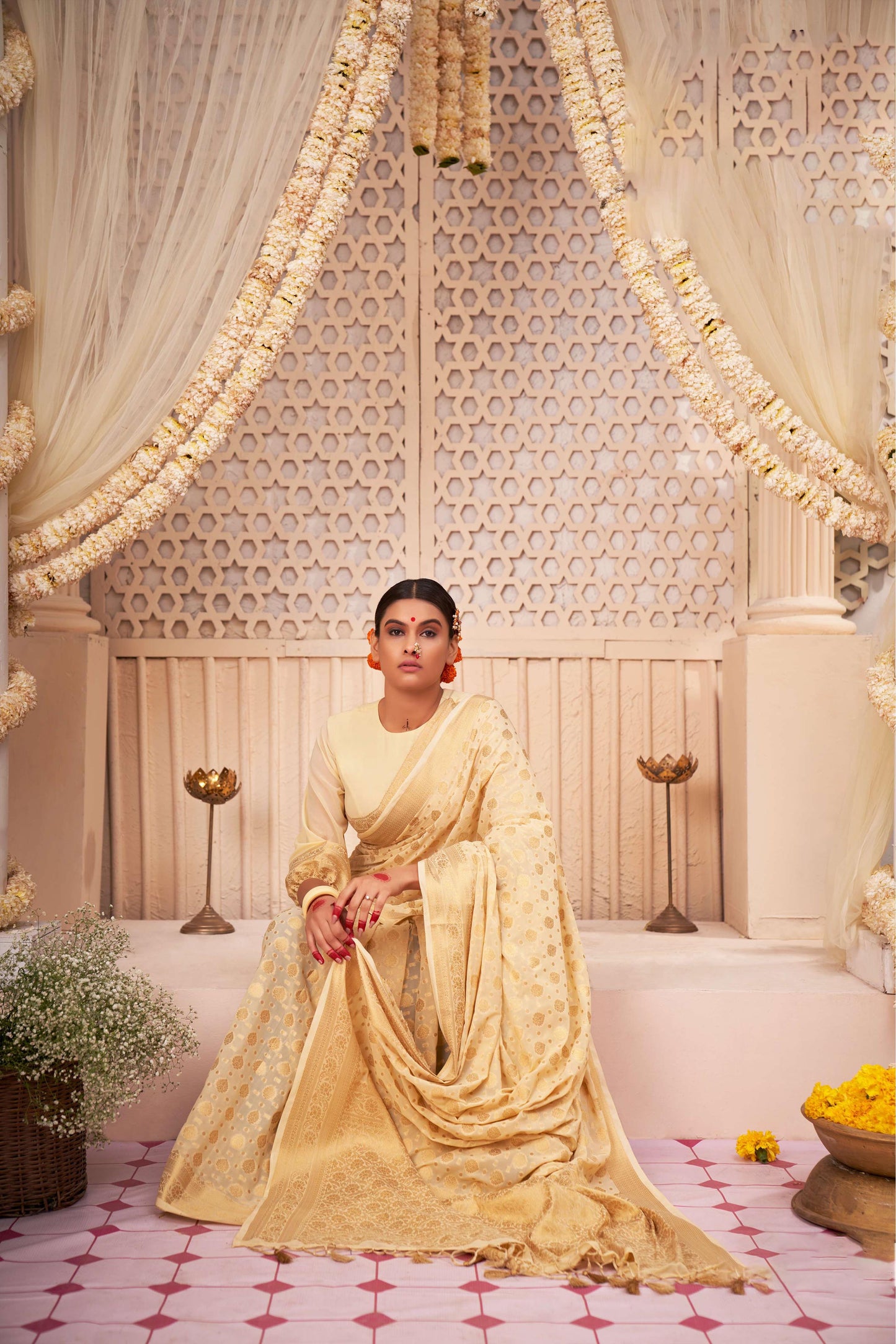 Off-white Color Gold Zari Georgette Viscose Saree