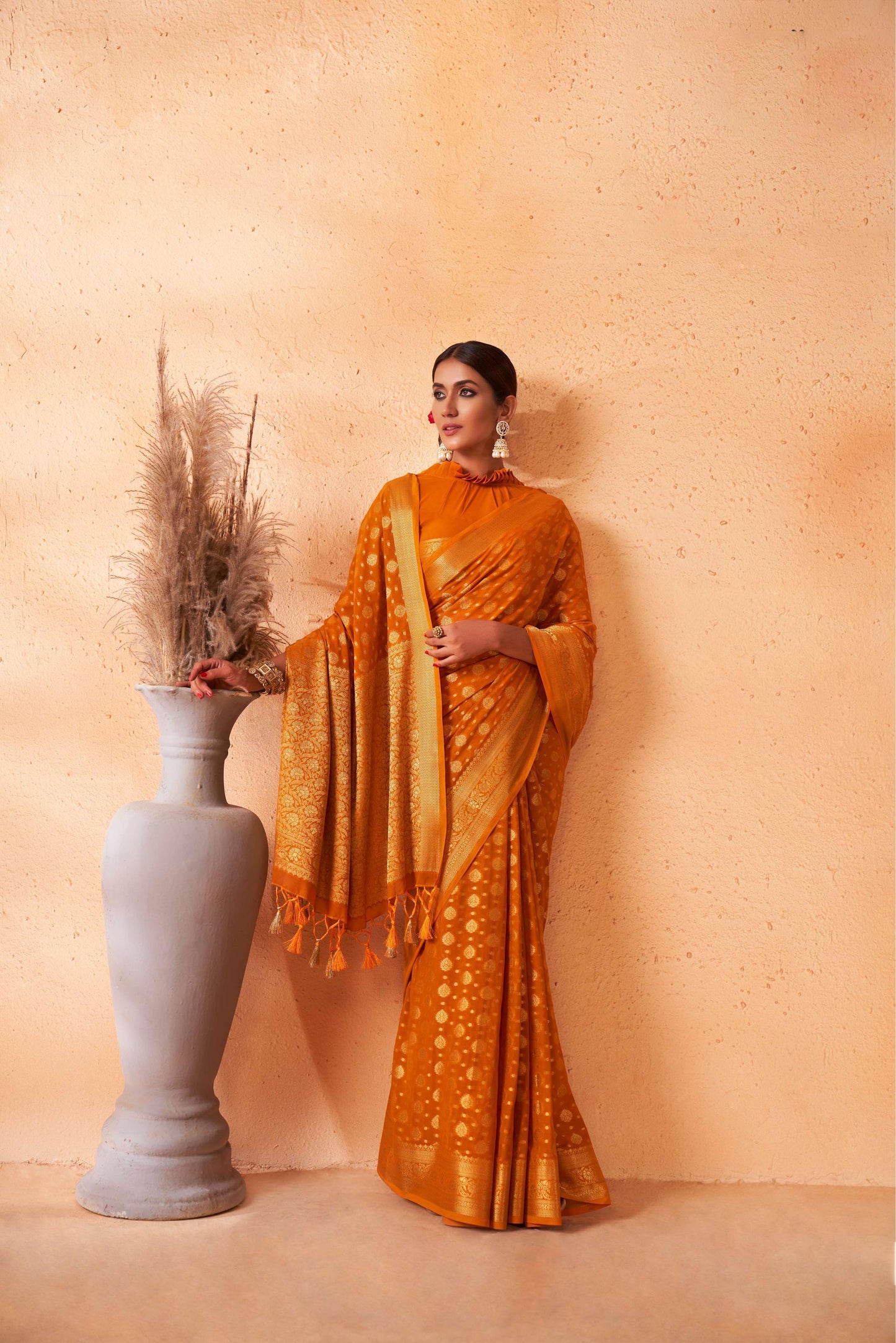 Mustard Yellow Gold Zari Georgette Viscose Saree