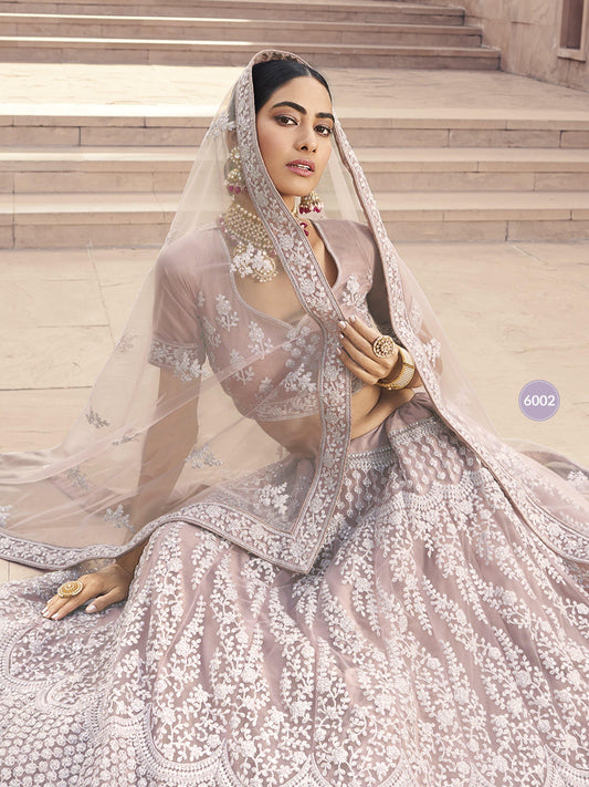 Mauve Soft Net Heavy Embroidered Lehenga Choli- - Glamou al