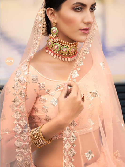 Peach Soft Net Heavy Embroidered Lehenga Set- - Glamou al