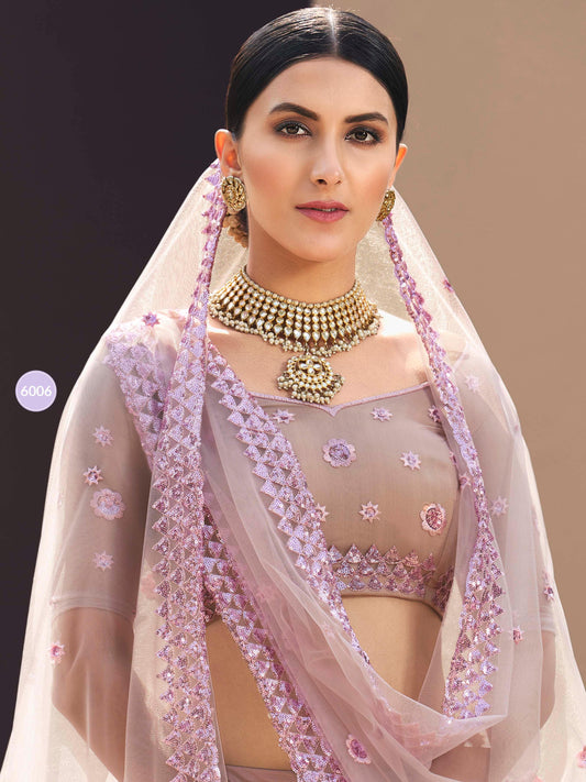 Lilac Soft Net Embroidered Lehenga Choli Set - - Glamou al