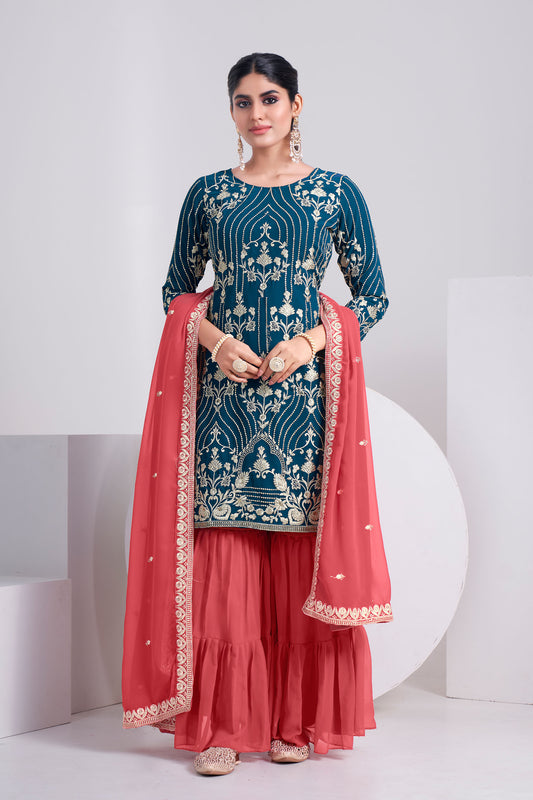Teal Blue Sequence Embroidered Faux Georgette Sharara