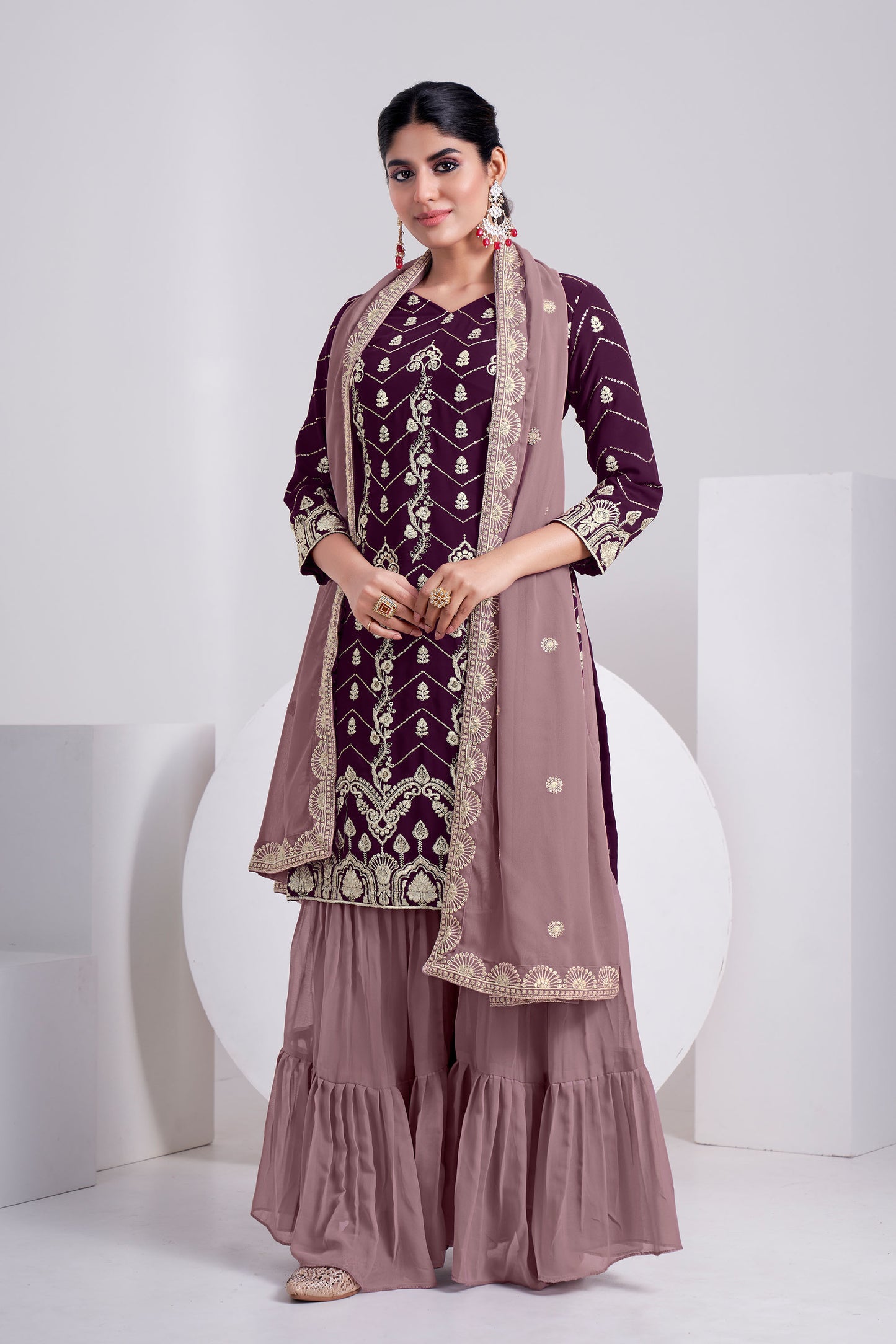 Purple Sequence Embroidered Faux Georgette Sharara