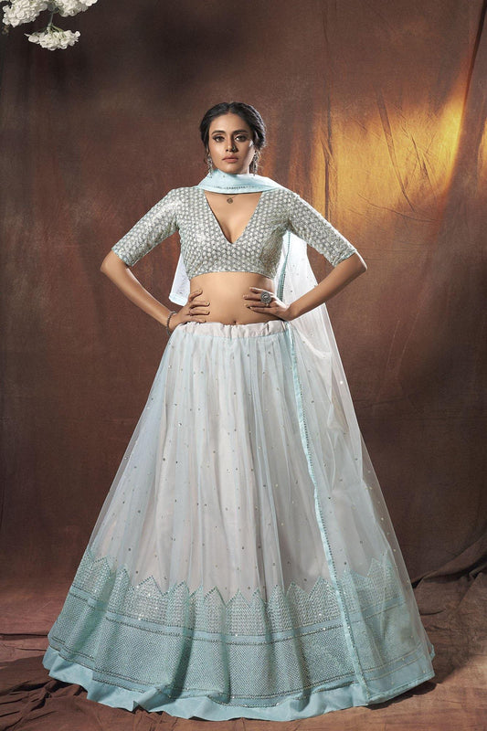 Light Blue Sequins Work Soft Net Lehenga - Glamou al