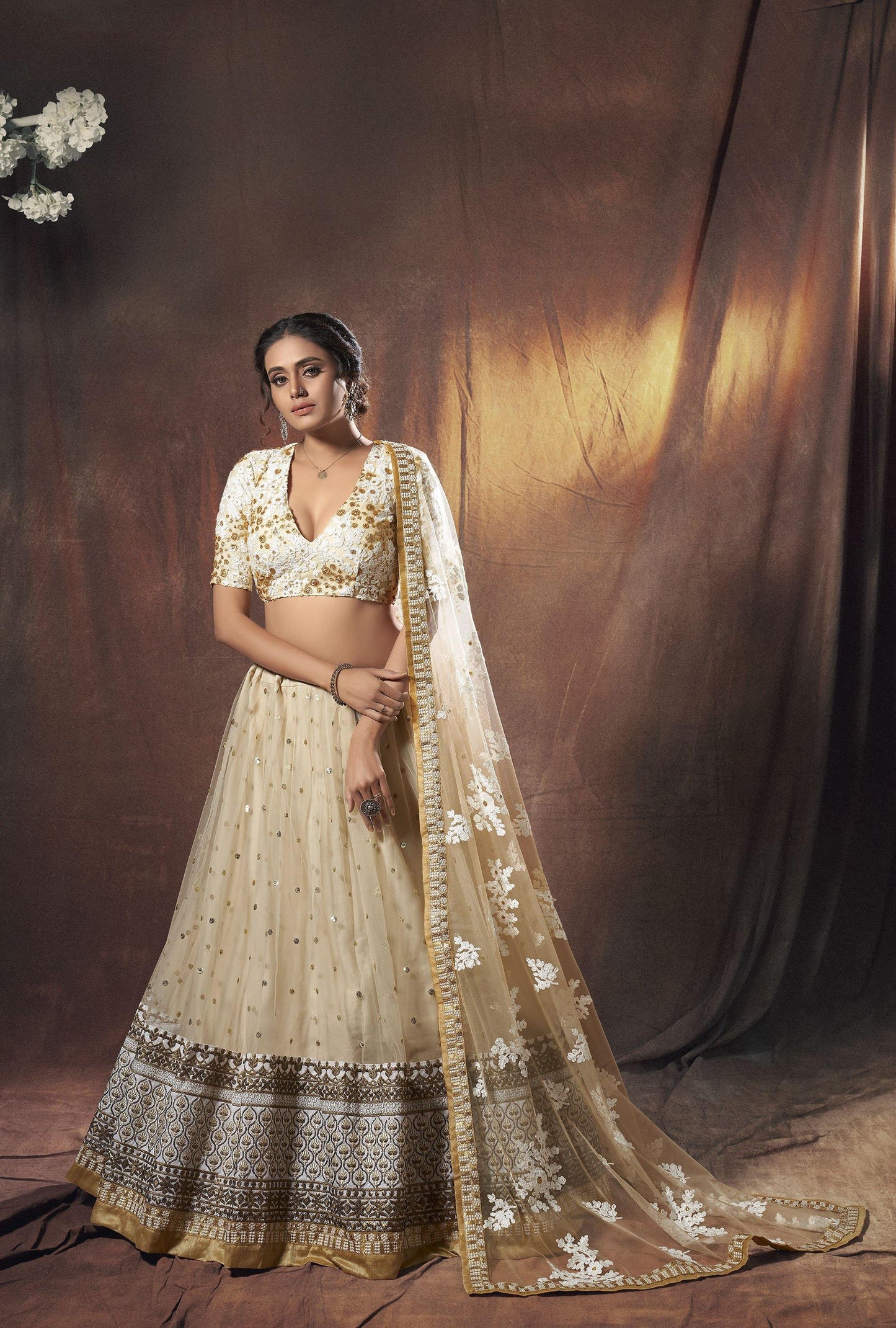 Beige Glittered Heavy Border Designer Lehenga Choli- - Glamou al